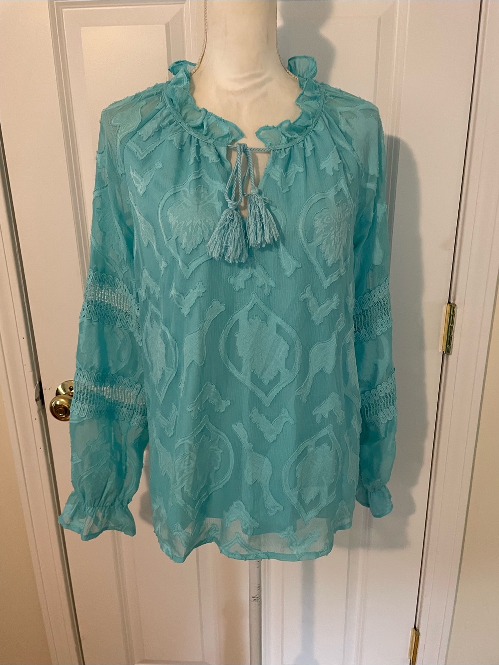 Belle by Kim Gravel Aqua Tassel Peasant Tunic